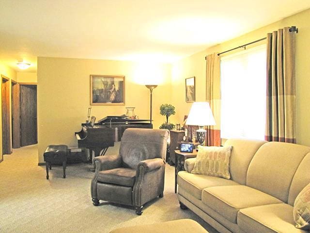 living room featuring light carpet