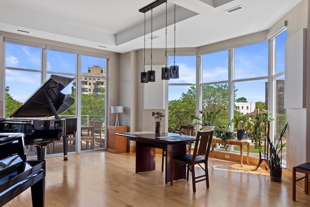 dining space with light hardwood / wood-style flooring