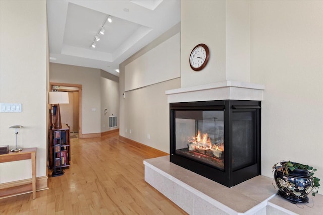 interior space featuring a multi sided fireplace, a raised ceiling, and hardwood / wood-style floors