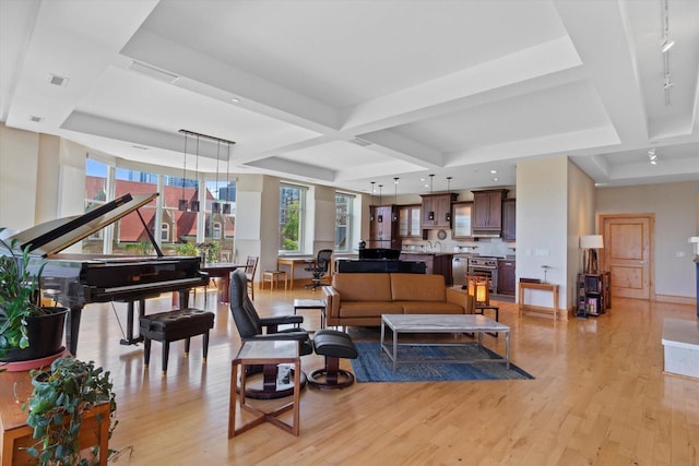 living room featuring beam ceiling and light wood-type flooring