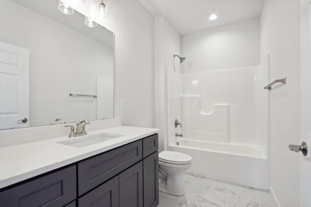 full bathroom featuring shower / tub combination, vanity, and toilet