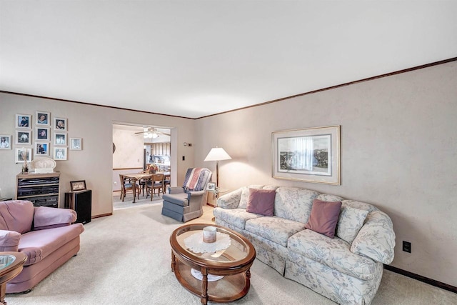 living room with carpet flooring and ceiling fan