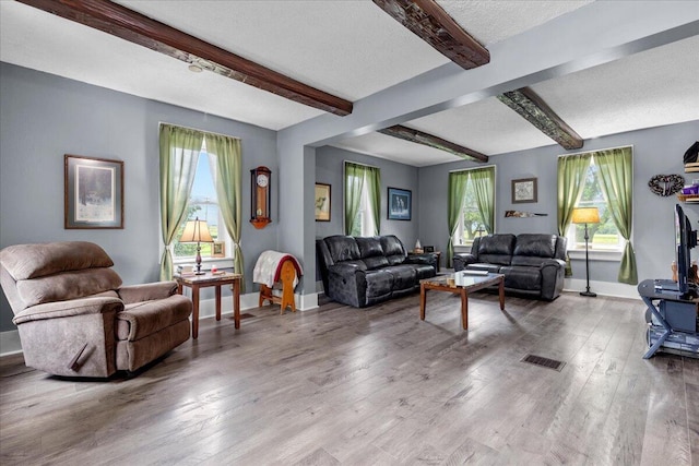 living room featuring beam ceiling, a textured ceiling, light hardwood / wood-style floors, and plenty of natural light