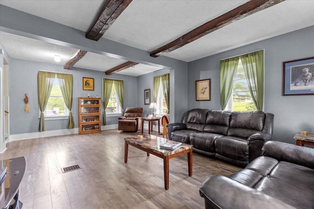 living room with light hardwood / wood-style floors, beam ceiling, a healthy amount of sunlight, and a textured ceiling