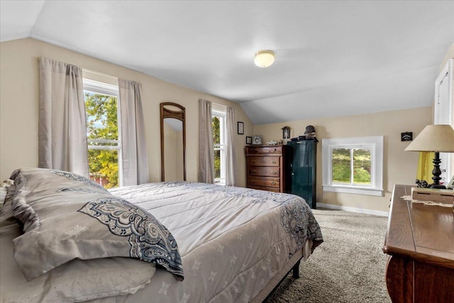 carpeted bedroom with vaulted ceiling