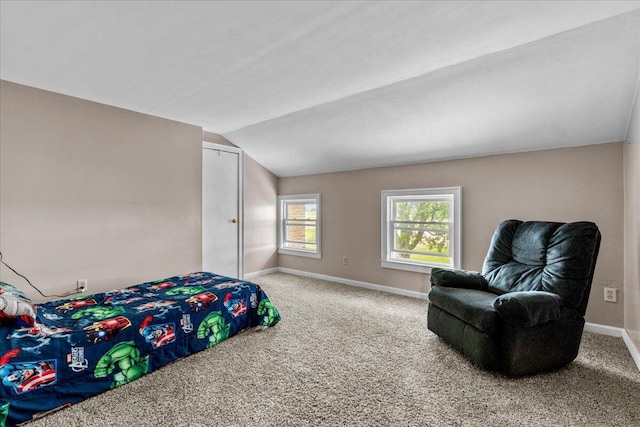 carpeted bedroom with vaulted ceiling