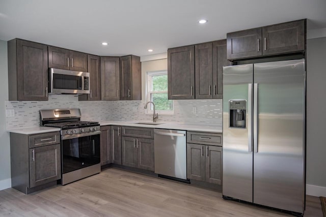 N9351 Juneau Ln, Necedah, WI 54646 - kitchen with sink, tasteful backsplash, dark brown cabinets, light hardwood / wood-style floors, and stainless steel appliances