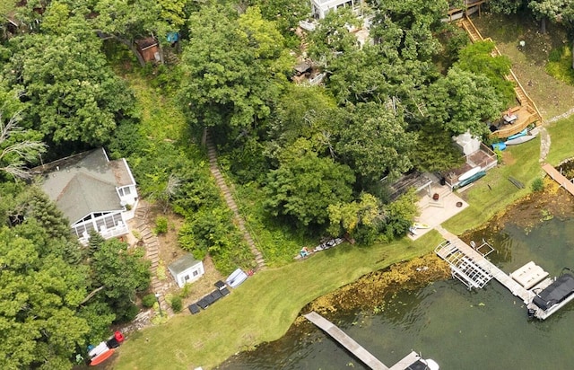 drone / aerial view featuring a water view