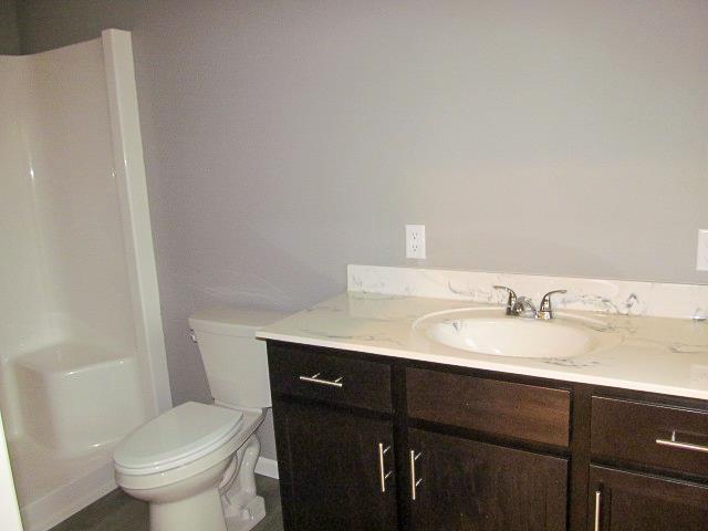 bathroom featuring vanity, toilet, and a shower