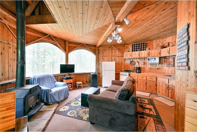 living room with a wood stove, rail lighting, wooden walls, and wooden ceiling