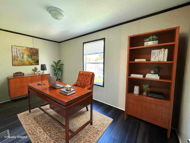 office area featuring a textured ceiling, dark hardwood / wood-style flooring, and ornamental molding