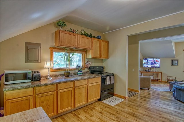 kitchen featuring black electric range oven, light hardwood / wood-style floors, and vaulted ceiling