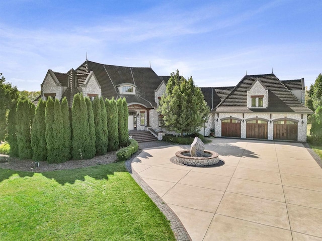 french country style house featuring a front yard and a garage