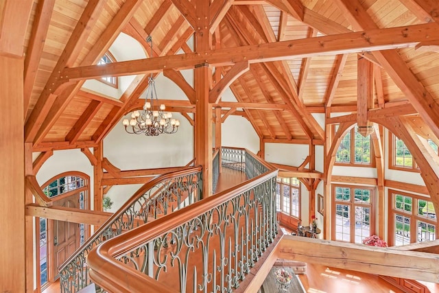 interior space featuring a chandelier, beam ceiling, high vaulted ceiling, and wood ceiling