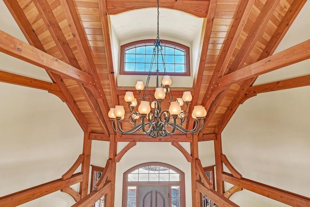 details featuring beam ceiling, wooden ceiling, and an inviting chandelier