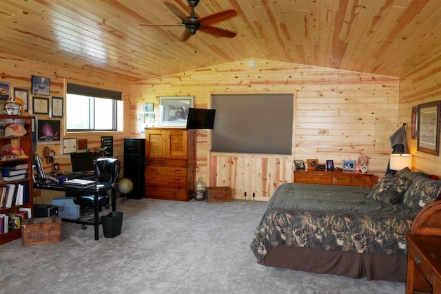 carpeted bedroom with wood walls, ceiling fan, lofted ceiling, and wood ceiling