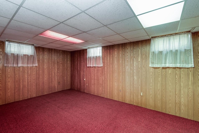 basement featuring carpet and wood walls