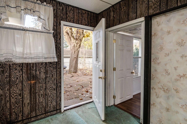 doorway with carpet flooring