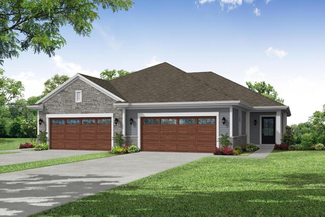 502 Hickory Hollow Rd Unit 0101, Waterford, WI 53185 - view of front of house with stone siding, concrete driveway, an attached garage, a front yard, and a shingled roof