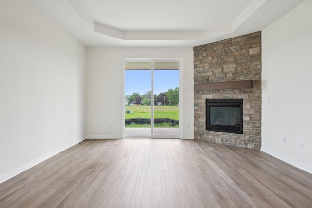502 Hickory Hollow Rd Unit 0101, Waterford, WI 53185 - unfurnished living room featuring wood finished floors, a raised ceiling, a fireplace, and baseboards