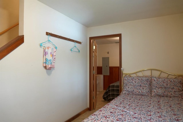 bedroom featuring electric panel and carpet flooring