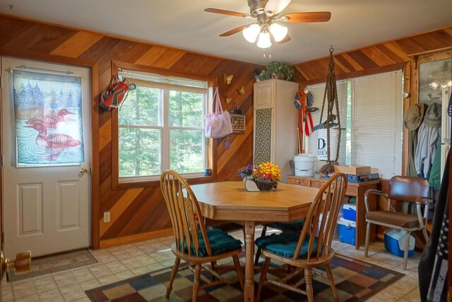 dining area featuring ceiling fan and wood walls