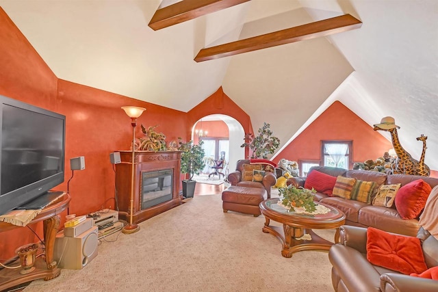 living room featuring high vaulted ceiling, a wealth of natural light, carpet floors, and beamed ceiling