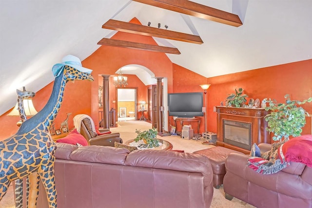 living room featuring decorative columns, high vaulted ceiling, beam ceiling, and carpet flooring