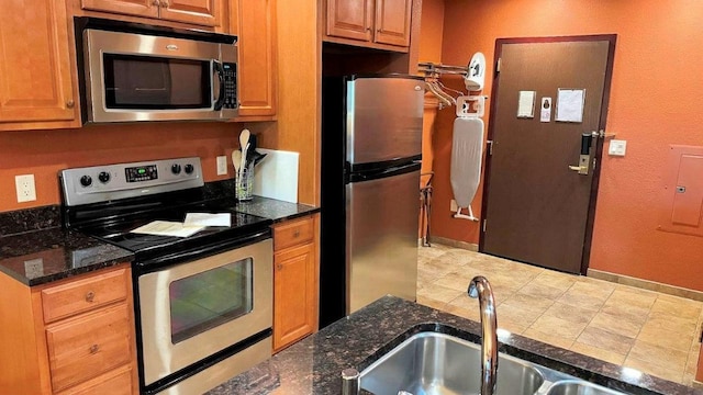 kitchen featuring sink, dark stone countertops, stainless steel appliances, and electric panel