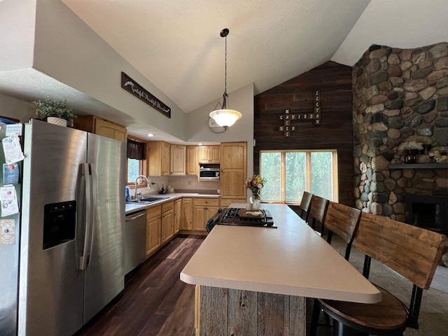 kitchen with a stone fireplace, sink, stainless steel appliances, dark wood-type flooring, and light brown cabinets