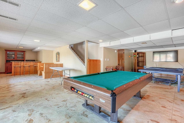 recreation room featuring a drop ceiling and billiards