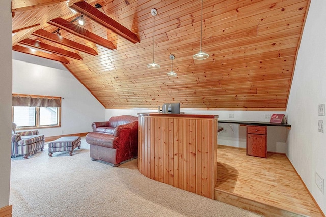 interior space with wood ceiling, light colored carpet, and lofted ceiling with beams