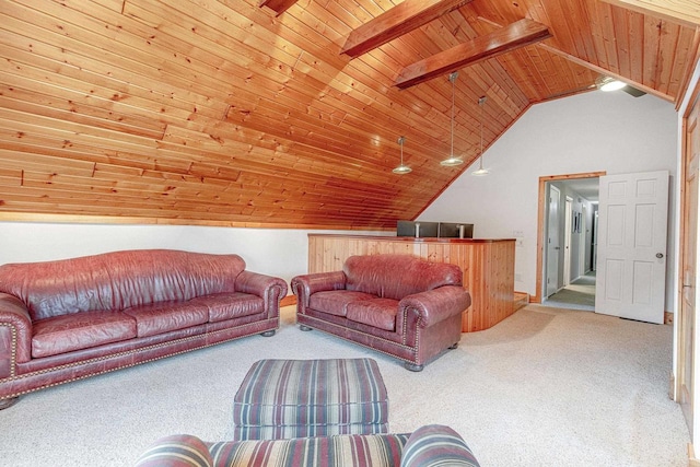 living room with light colored carpet, lofted ceiling with beams, and wood ceiling