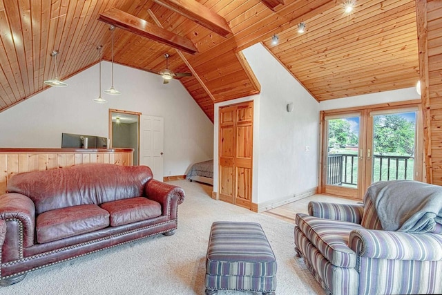 living room featuring wood ceiling, light colored carpet, french doors, high vaulted ceiling, and beamed ceiling