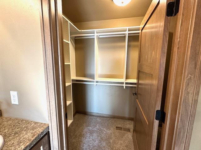 walk in closet with elevator and dark colored carpet