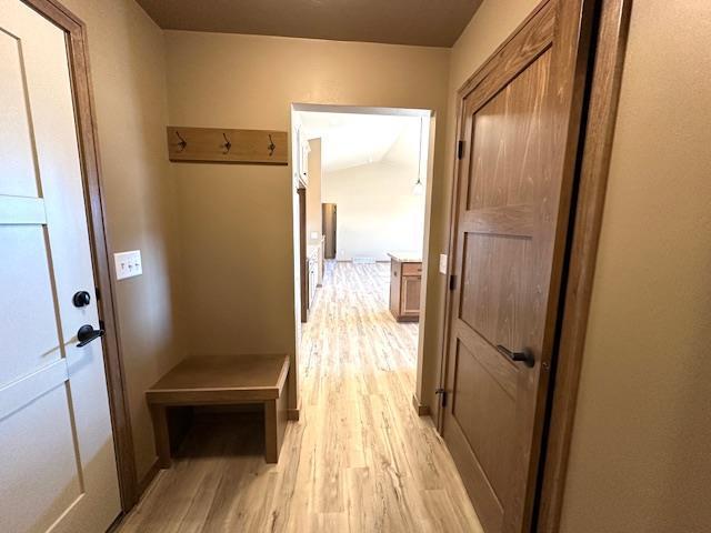 interior space with light wood-type flooring and lofted ceiling