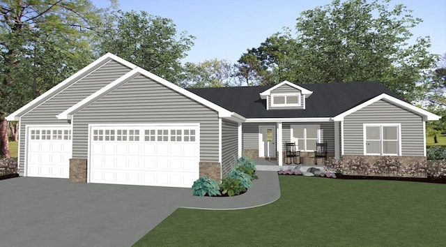 view of front of house featuring covered porch, a front lawn, and a garage