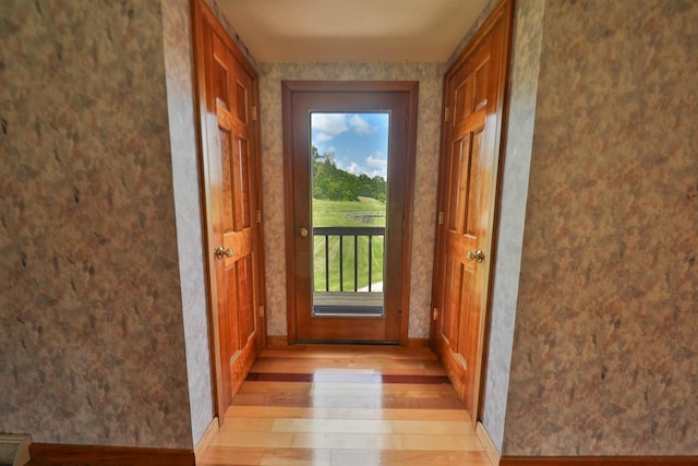 doorway with light wood-type flooring and a wealth of natural light