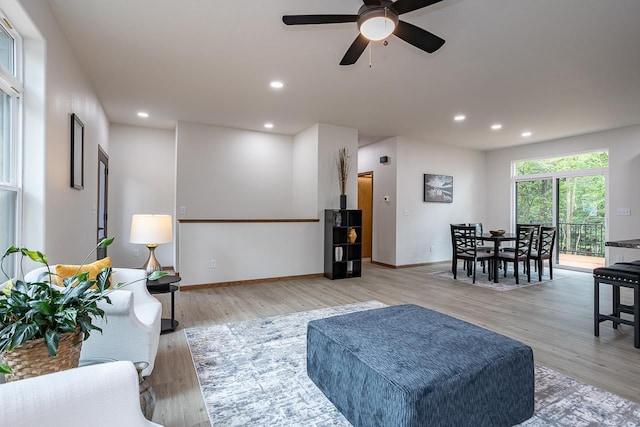 living room featuring ceiling fan and light hardwood / wood-style floors