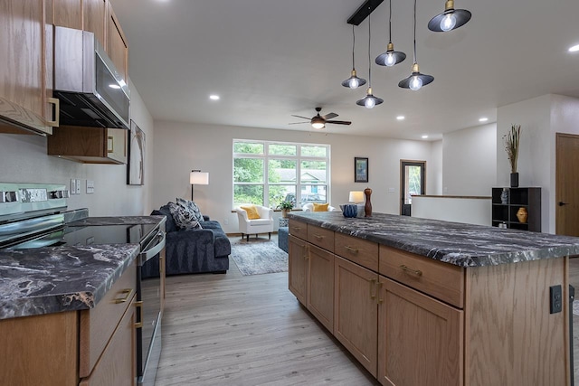 kitchen featuring stainless steel appliances, pendant lighting, light hardwood / wood-style flooring, and a center island