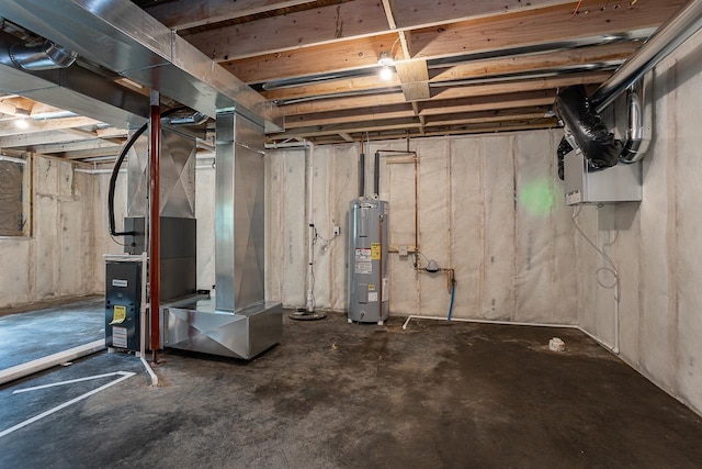 basement with heating unit and water heater