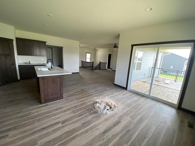 kitchen featuring dark brown cabinets, dark hardwood / wood-style floors, sink, ceiling fan, and a kitchen island with sink