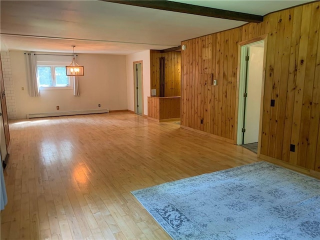 empty room with light hardwood / wood-style floors, a baseboard radiator, beamed ceiling, and wooden walls