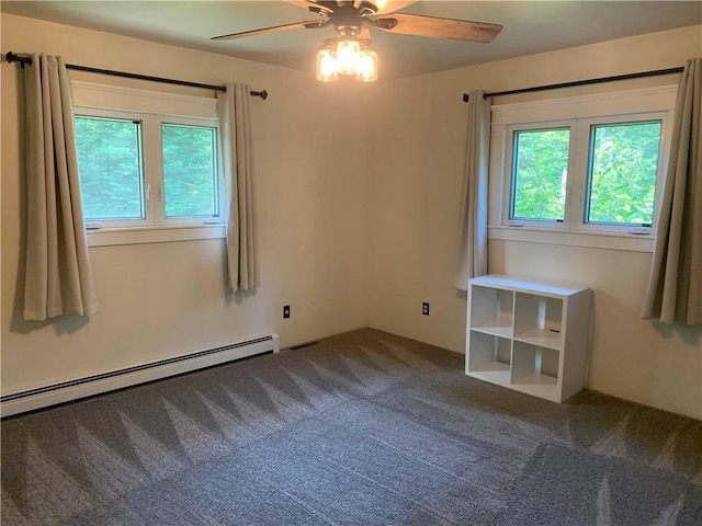 carpeted empty room featuring ceiling fan and baseboard heating