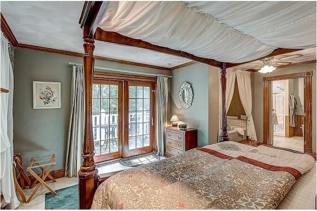 bedroom featuring ceiling fan, crown molding, and access to outside