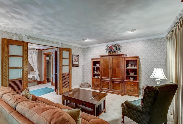 carpeted living room featuring crown molding