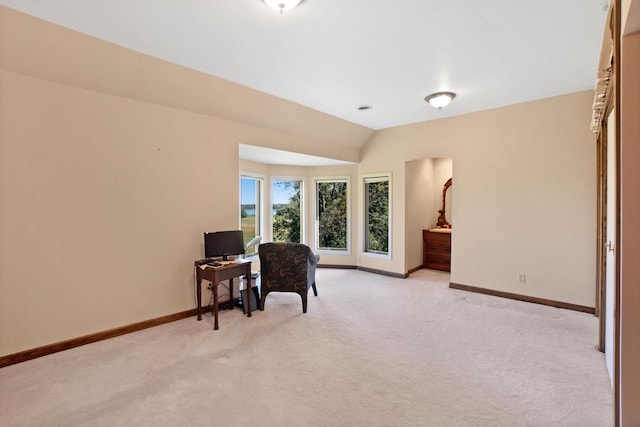 home office with lofted ceiling and light colored carpet