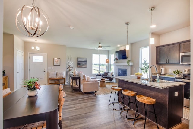 kitchen featuring an island with sink, appliances with stainless steel finishes, dark brown cabinets, light stone countertops, and sink