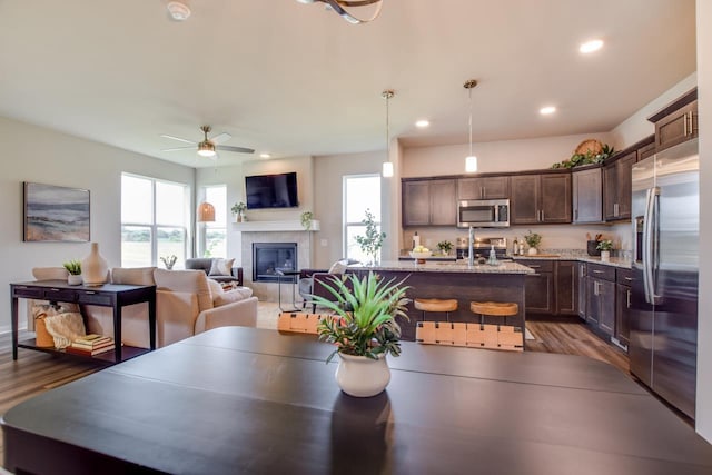 dining space featuring ceiling fan, a fireplace, and dark hardwood / wood-style floors