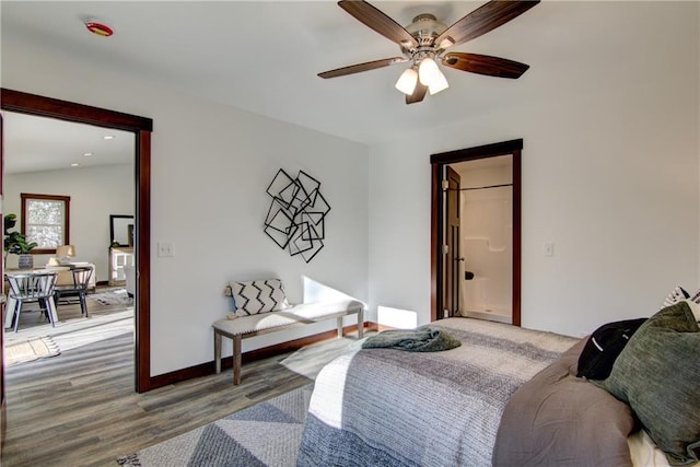 bedroom with ceiling fan and hardwood / wood-style floors